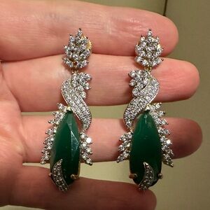Green onyx and Cz ethnic Indian party wear statement drop earrings.